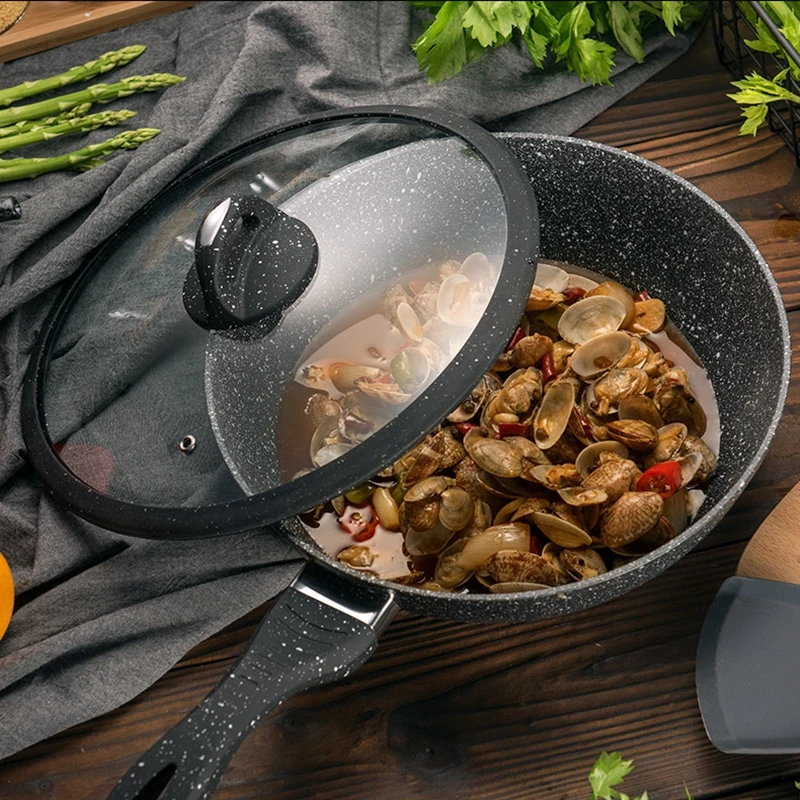 Online 24 CM 26 CM 28 CM Maifan Stone antiadherente sartén de aleación de aluminio olla de sopa Wok con tapa para cocina de Gas e inducción