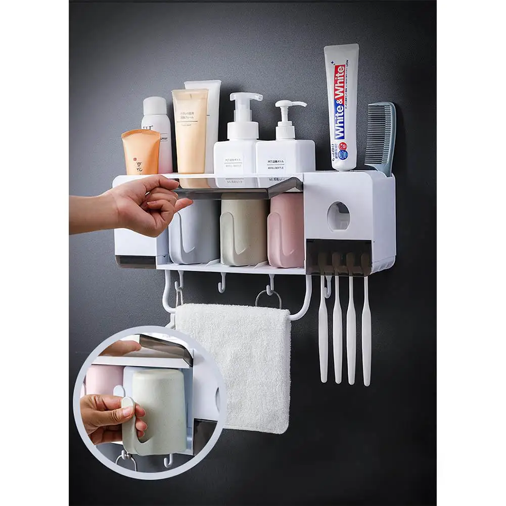 HobbyLane Multifunction Toothbrush Holder Toothpaste Dispenser Bathroom Storage Rack Towel Holder with Cups