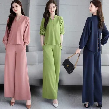 

Womens Sets Two Piece 2019 Autumn New Fashion Women'S Green V Neck Solid Color Elegant Woman Pants And Blouse Set AA5011
