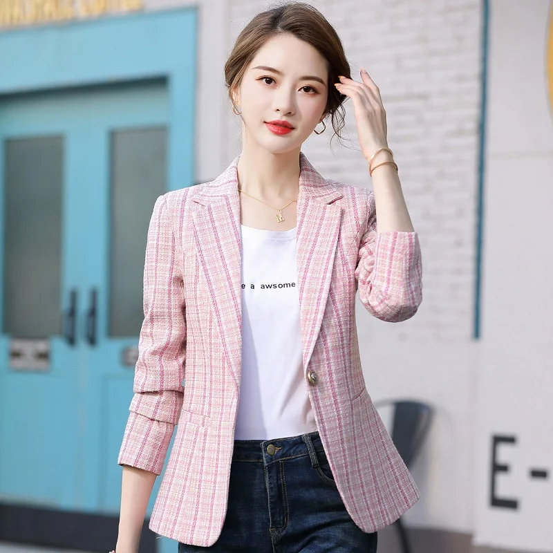 Women Blazers Slim Spring Plaid Jacket Half Sleeve Blazer & Suits Women ...