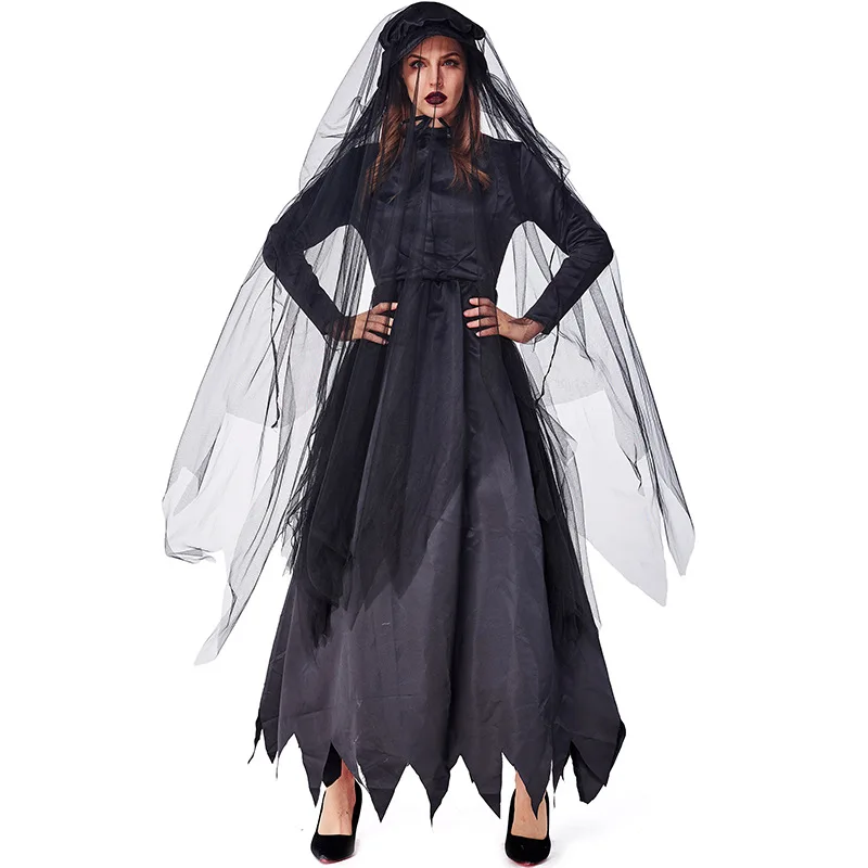 

New arrival vampire Horror cosplay dress + veil +hat Costumes Halloween party ghost corpse bride costume black Dress for Adult