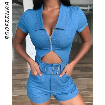 

BOOFEENAA Blue Denim Short Rompers Womens Jumpsuit Summer 2020 Hollow Out Bodycon Romper Playsuit Fashion Clothes C55-BA40