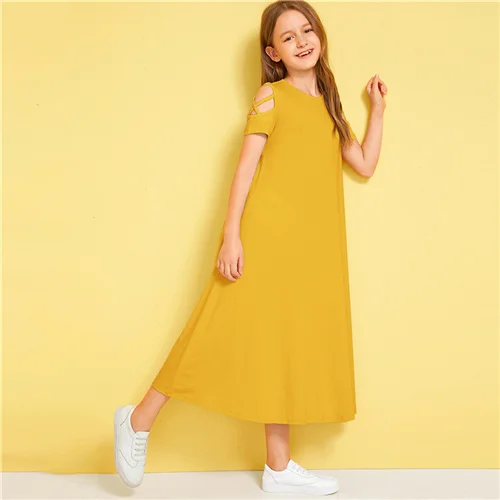 SHEIN/однотонное Повседневное платье с открытыми плечами и перекрещивающимися крест-накрест для детей; коллекция года; летние эластичные детские футболки с короткими рукавами - Цвет: Цвет: желтый