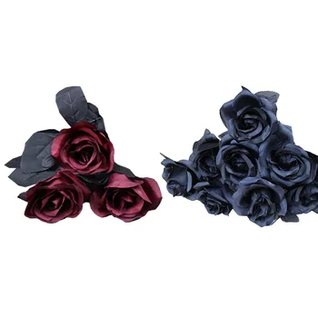 

Black Rose Artificial Flower Bouquet for Home Wedding Decoration Halloween Christmas Party Decoration Single-Black