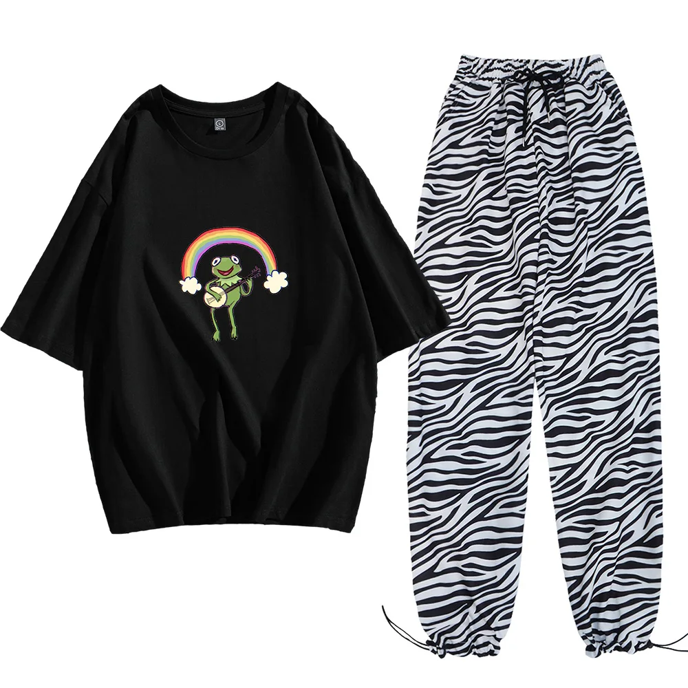Casual Soft Joggers Pant Harajuku Frog Shirt Cotton Kawaii Cartoon Tees Trousers Unisex Chic Plus Size Clothes Fashion Women Top | Женская