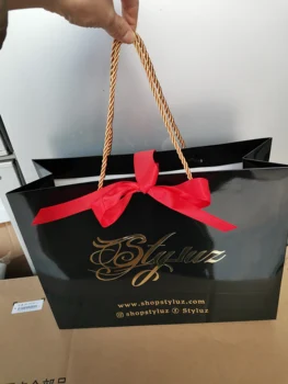 

500pcs Gift Shoe/Clothes/Boutique Black Luxury Paper Bag with Bowknot,Custom Gold Foiled Shopping Paper bags for Packing
