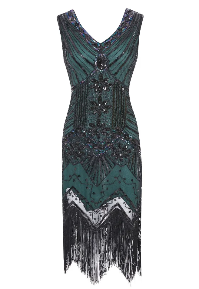 6 Женское винтажное платье 1920 s Great Gatsby, платье с блестками, v-образный вырез, кисточки, облегающее платье для вечеринки с бисером платья с блестками, арт-деко, двойной - Цвет: 6