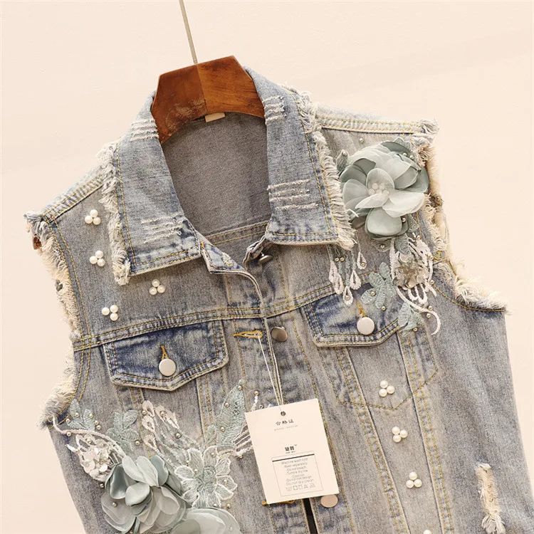 Autumn Sequins Ripped Embroidery Flower Jeans Vest Women Fashion Slim Denim Sleeveless Jacket Female Coat Waistcoat Mujer