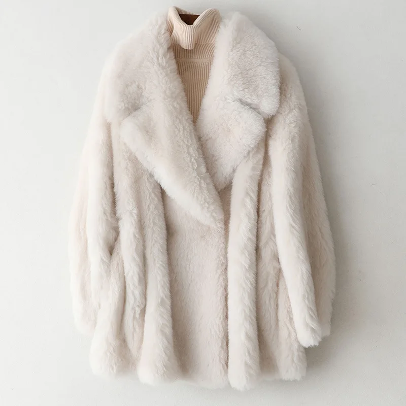Роскошное Женское пальто из композитного меха и шерсти, Высококачественная верхняя одежда, теплые толстые белые карманы, натуральная кожа, шерстяные теплые куртки - Цвет: Белый