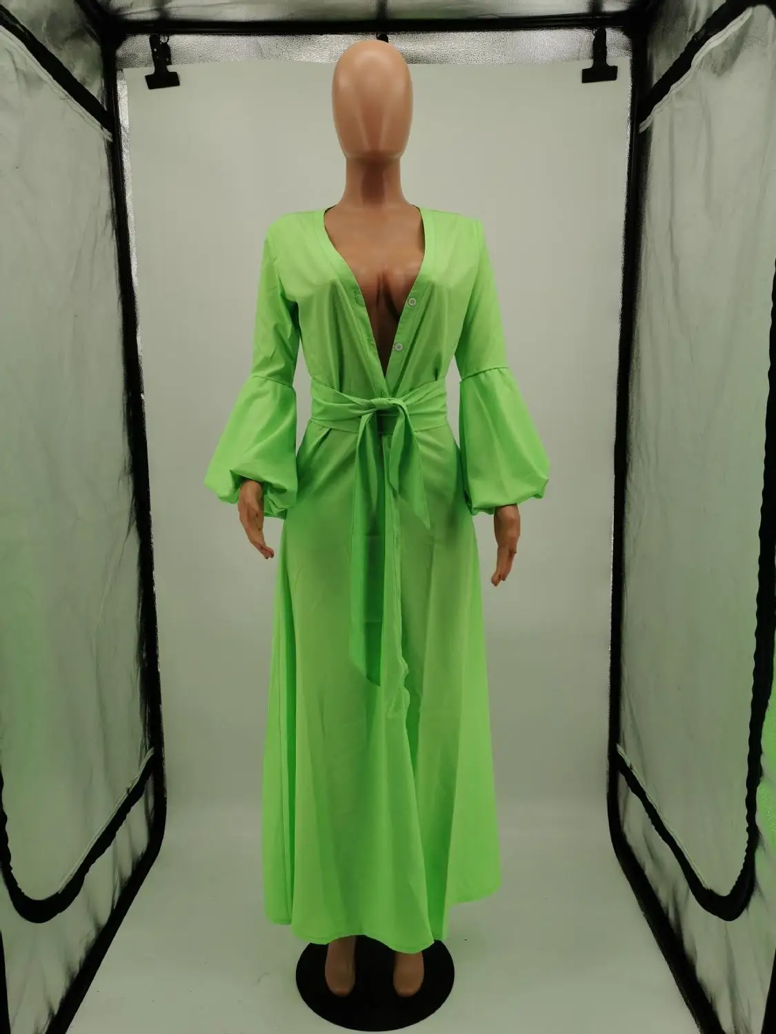 Зеленое повседневное длинное платье с рукавом-фонариком Макси платье женское сексуальное с глубоким v-образным вырезом Клубные женские африканская Роба вечерние элегантные платья