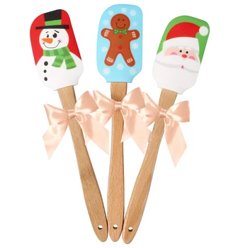

3 Piece Christmas Silicone Spatula Gift Set with Lovely Bow Easy Clean, Durable, High Temperature and Stain Resistant. Wooden Ha