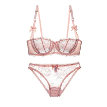 

European and American sexy ultra thin lace underwear women's transparent matteless half cup bra bra suit