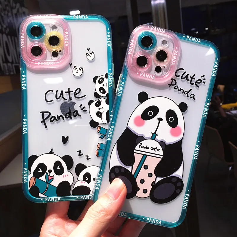Cute Panda Letters Animal Pattern Camera Protective Phone Case For iPhone 13 12 11 Pro Max X XS XR 7 8 Plus SE 2020 Clear Back iphone se wallet case