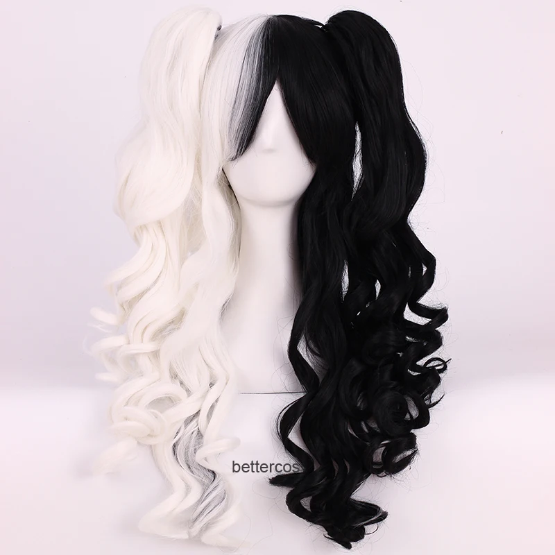 

Danganronpa Monokuma Cosplay Wigs White Black Mix Long Ponytails Curly Heat Resistant Synthetic Hair Wig + Wig Cap