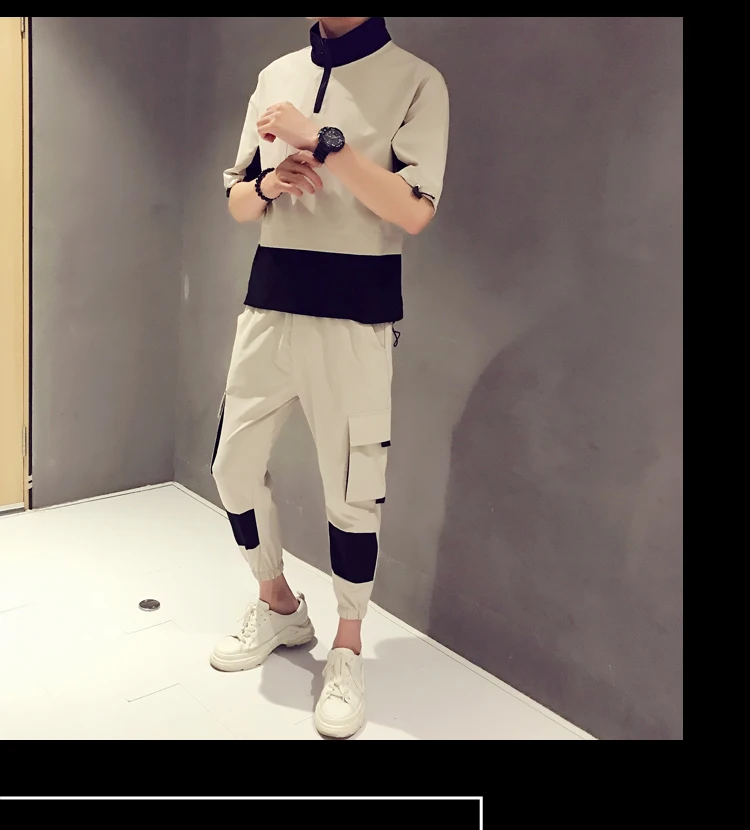 VOGUELEO Autumn Jogger Set Cargo Style Slim Polyster Three Quarter Sets Khaki Black Mandarin Collar Casual Sport Pants