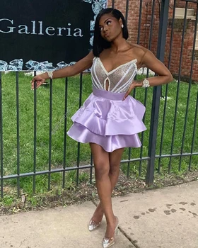 

African Black Girl Short Prom Dress Sexy Cut-Out Front Glitter Sequin Top V-neck Mini Prom Dresses 2020