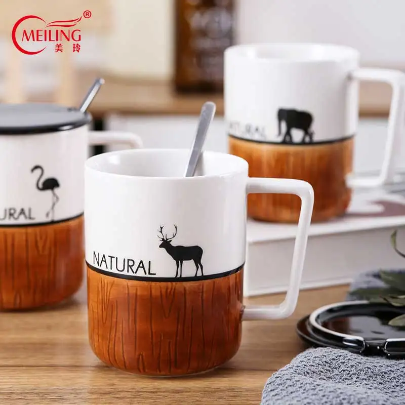 

Vintage Ceramic Elephant Giraffe Mug With Lid & Spoon Table Decor Personalized Coffee Mug Porcelain Drinkware Father Xmas Gift