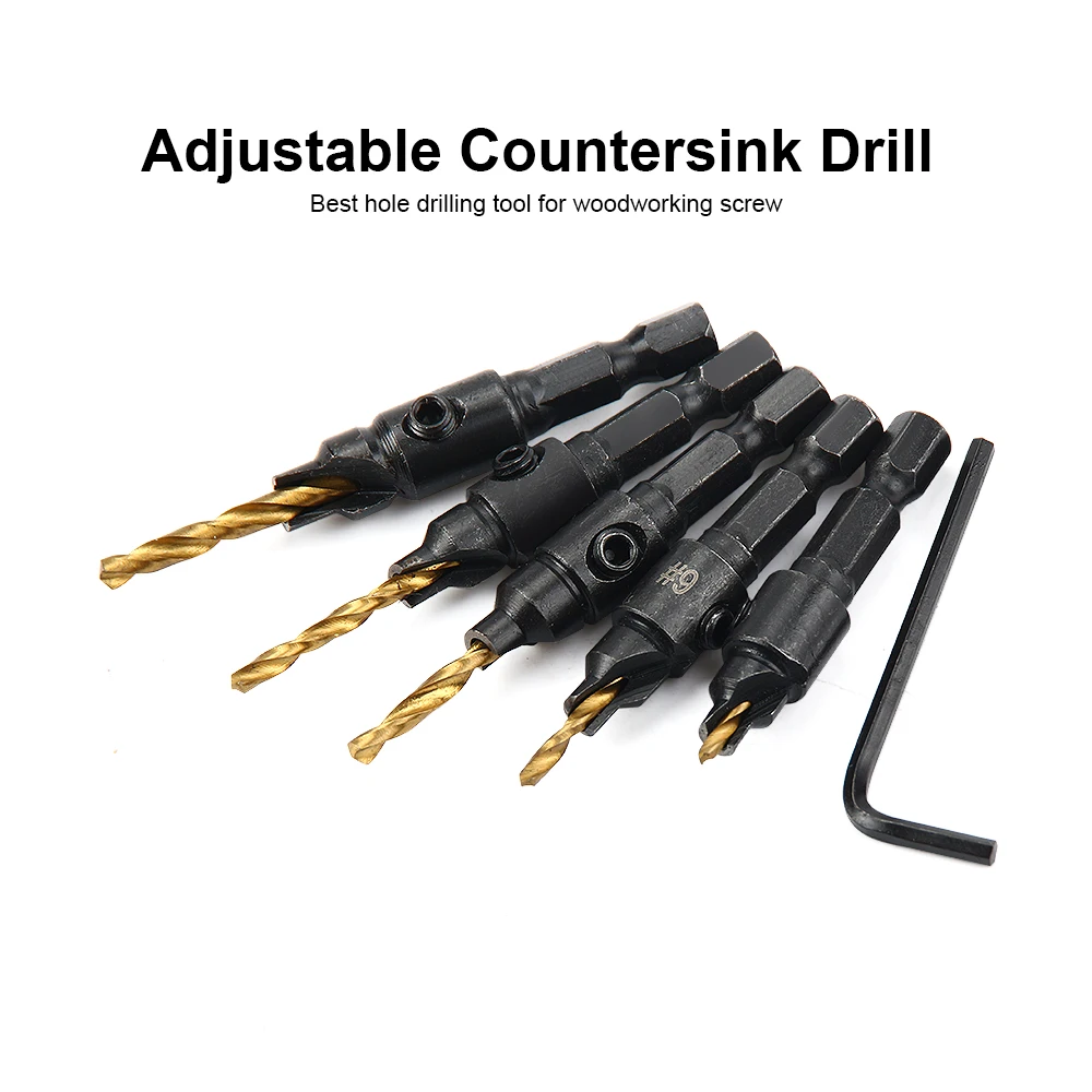 JelBo 5Pcs Countersink Drill Bit for Wood HSS Twist Drill Bit Set Drilling Tool Set Carpentry Milling Cutter Chamfer Hex Shank