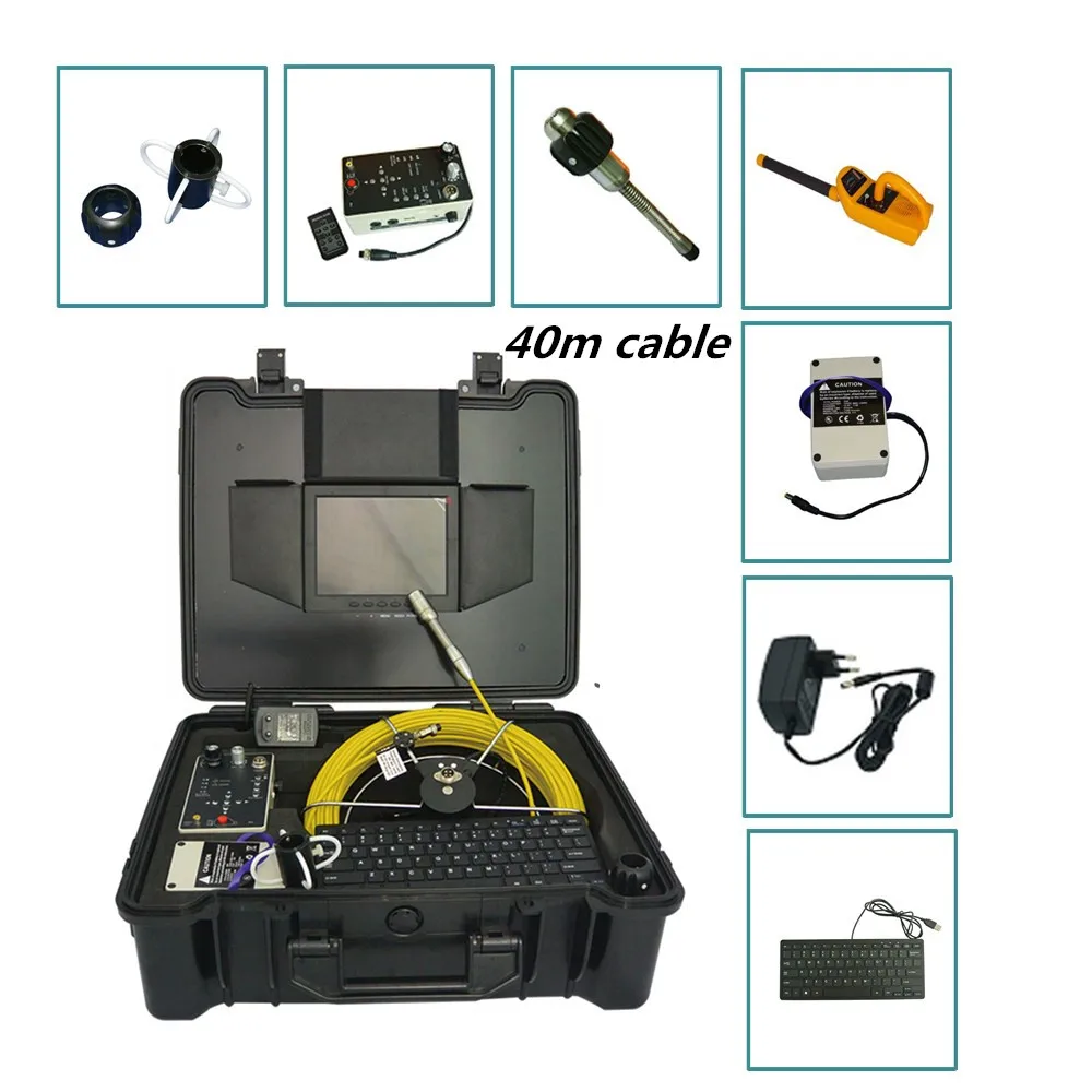 

40m cable sewer pipe inspection camera 29mm self level waterproof camera inspection 8inch LCD DVR box and 512hz pipe locator
