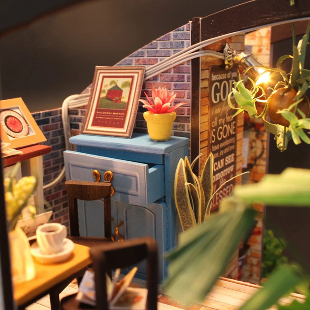 DIY деревянный миниатюрный кафе домик кукольный домик с мебели светодиодный светильник игрушка подарок