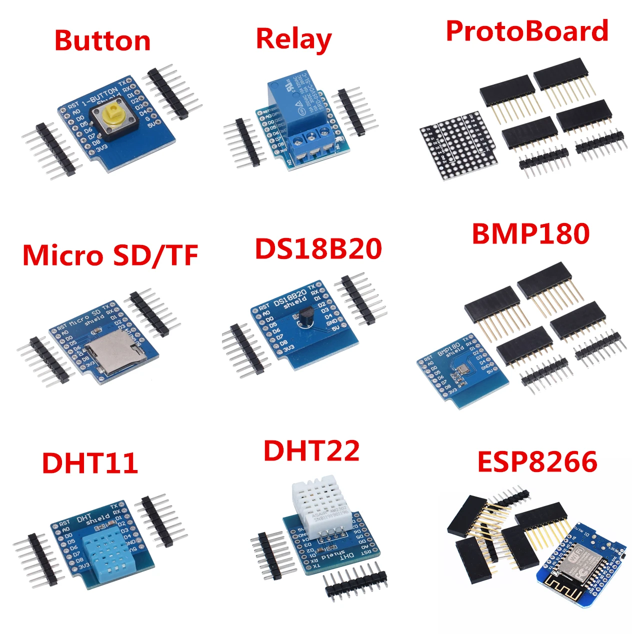 ESP8266 D1 Mini Pro WiFi Development Board NodeMcu WS2812 RGB DHT11 DHT22 AM2302 Relay DS18B20 BMP180 Motor for WeMos DIY Kit |