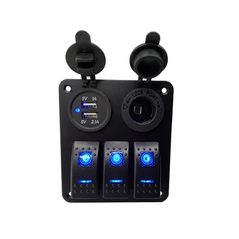 

3 Gang Rocker Switch Panel For Auto Truck Marine Boat Vehicles LED Dual USB Charger Socket Adapter Car cigarette lighter Adapter