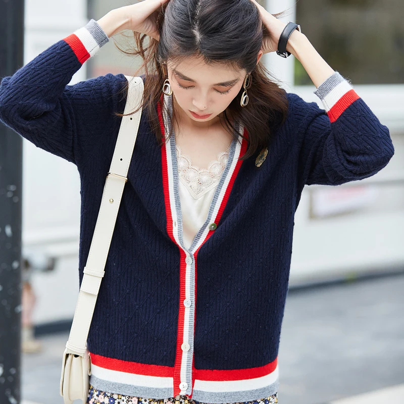 

fall 2019 Women Autumn Preppy Style Casual Loose Contrast Striped cardigan Wool Knitted Red Sweater jersey mujer sueter damski