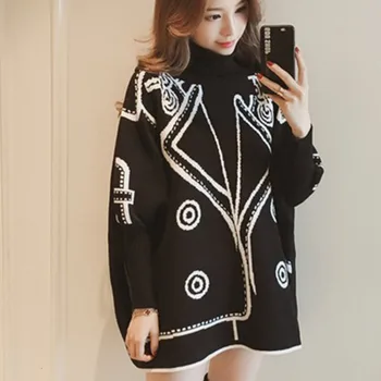 

TVVOVVIN 2019 autumn new pattern turtleneck collar print patchwork knitting pullvoers streetwear sweater women B834