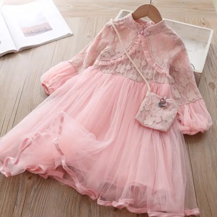 Кружевное платье для девочек весеннее кружевное платье принцессы для девочек платье для маленьких девочек+ сумка, одежда для детей размер от 90 до 130 см