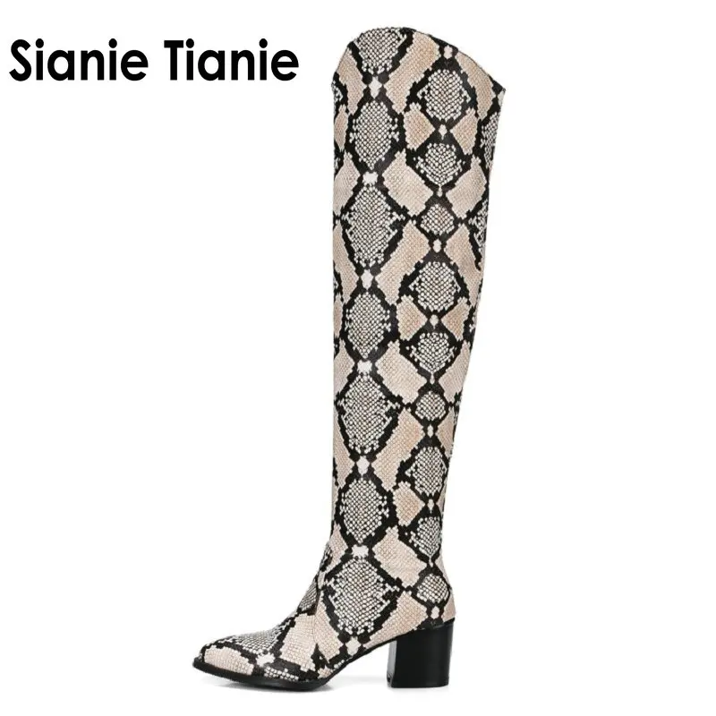 

Sianie Tianie 2019 winter patent PU leather riding motorcycle boots snake skin print sexy over-the-knee high boots overknee boot
