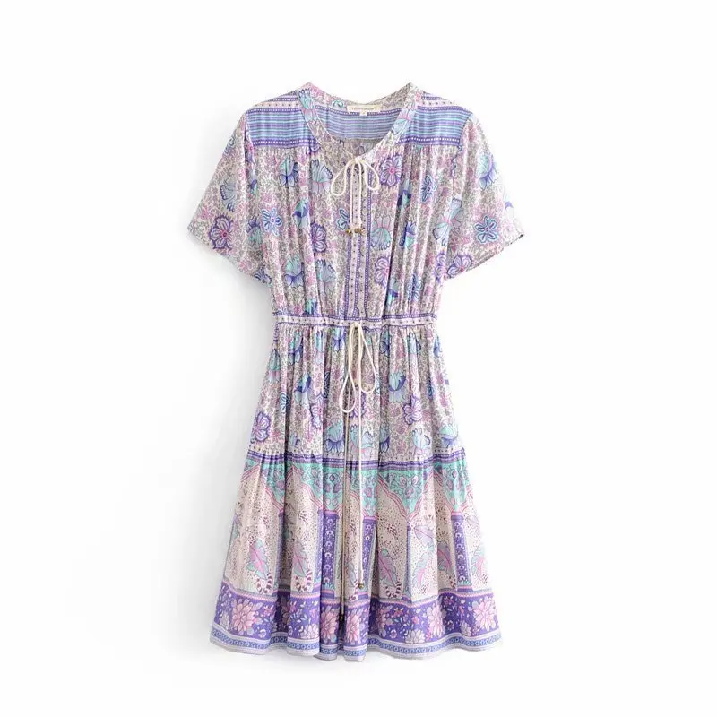 

Spring New Style WOMEN'S Dress Western Style Small V-neck Lace-up Lilac Flower Waist Belt Short-sleeve Dress Women's