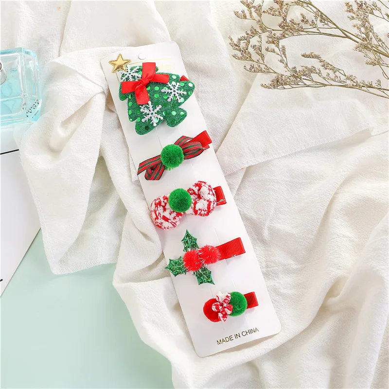A 5pcs New Girls Christmas Hair Clips Lovely Santa Reindeer Bow Barrettes Headwear Kids Xmas Gifts Hair Accessories - Цвет: A