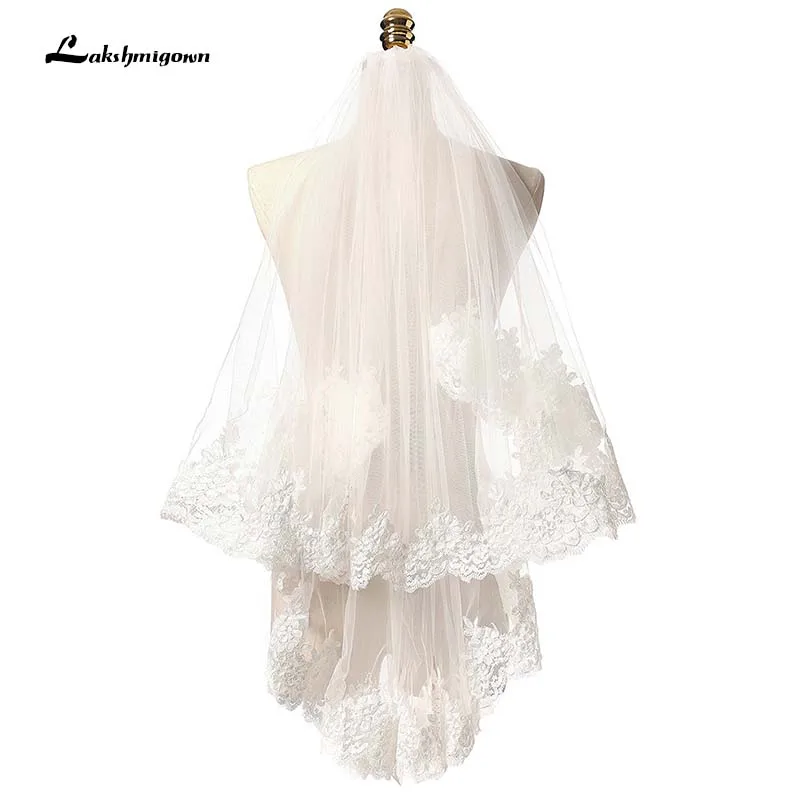 Lakshmigown Тюль белая слоновая кость свадебная фата короткая двухслойная с кружевной аппликацией свадебная фата Свадебные аксессуары