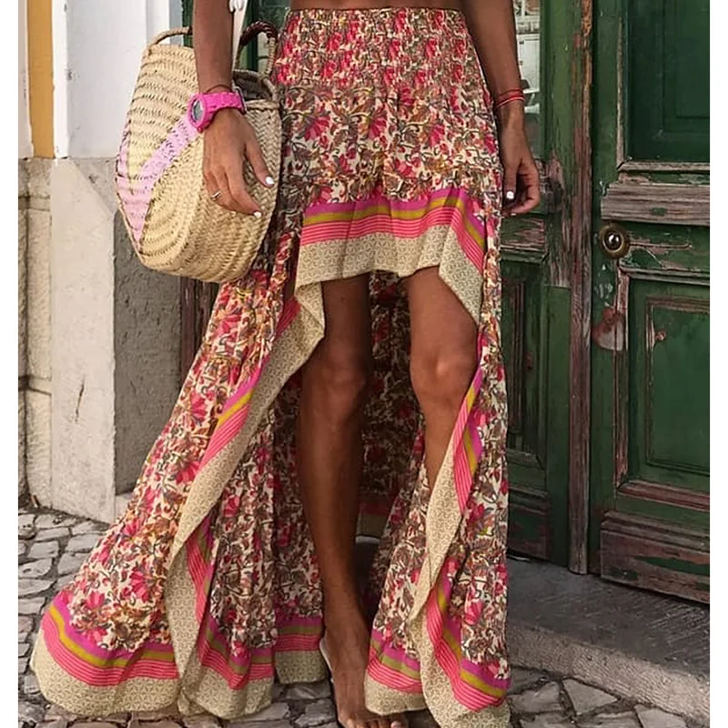 SWQZVT Fashion Women Floral Print Irregular Long Skirt 2020 Summer Beach Skirts High Waist Party Women Skirt Clothing (1)