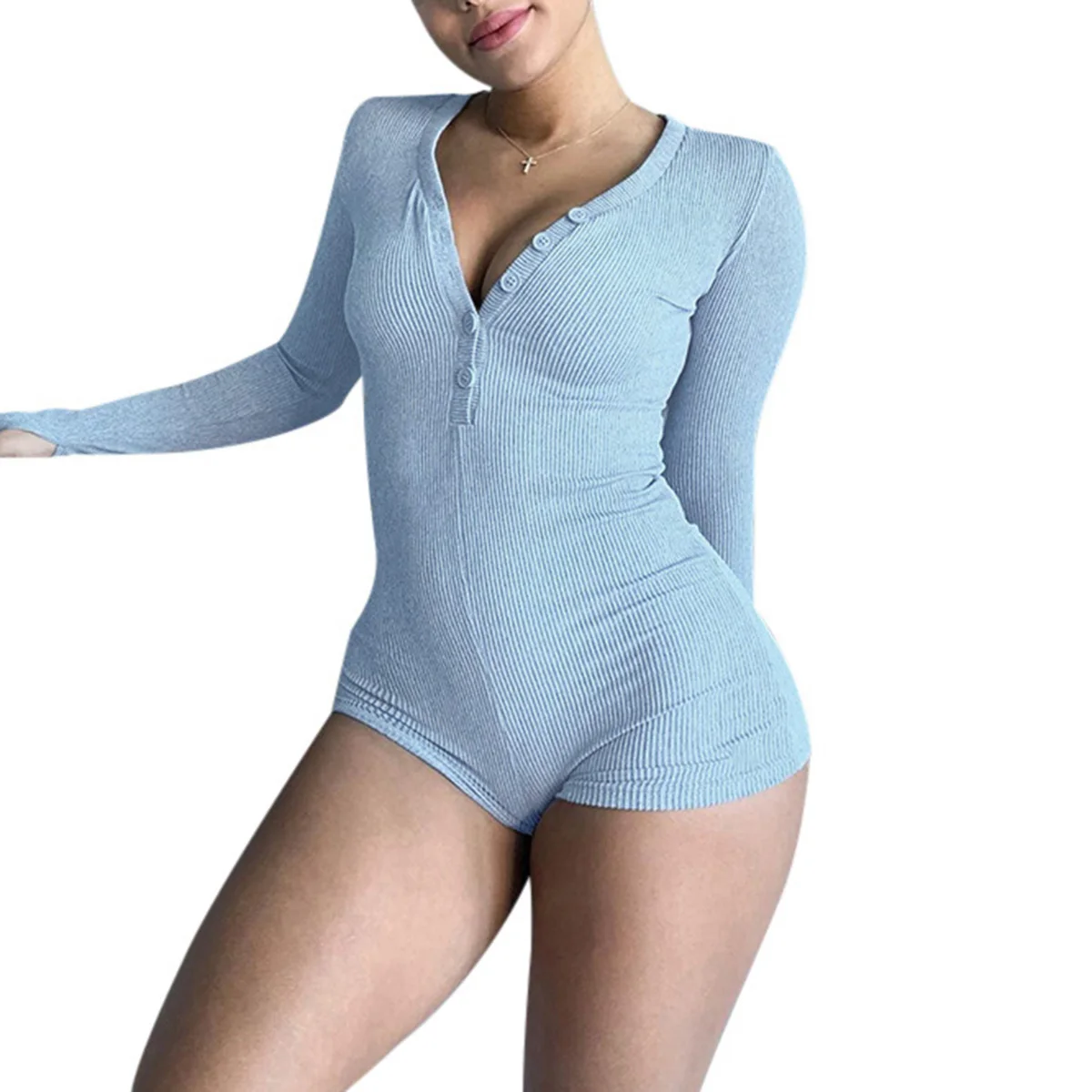 

Womenâ€™s Autumn Sexy Jumpsuit Fashion Solid Color Button Long-sleeved Tight Bottoming Bodysuit