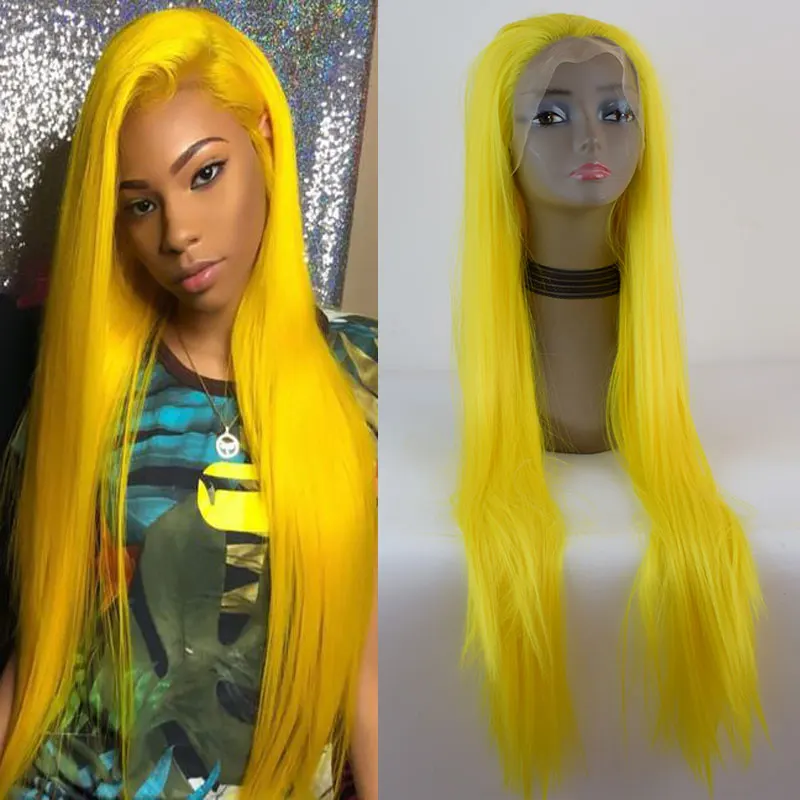 BM ярко-желтый Синтетический 13*6 парик на кружеве прямой жаростойкий волокнистый парик из натуральных волос свободный пробор для женщин парик