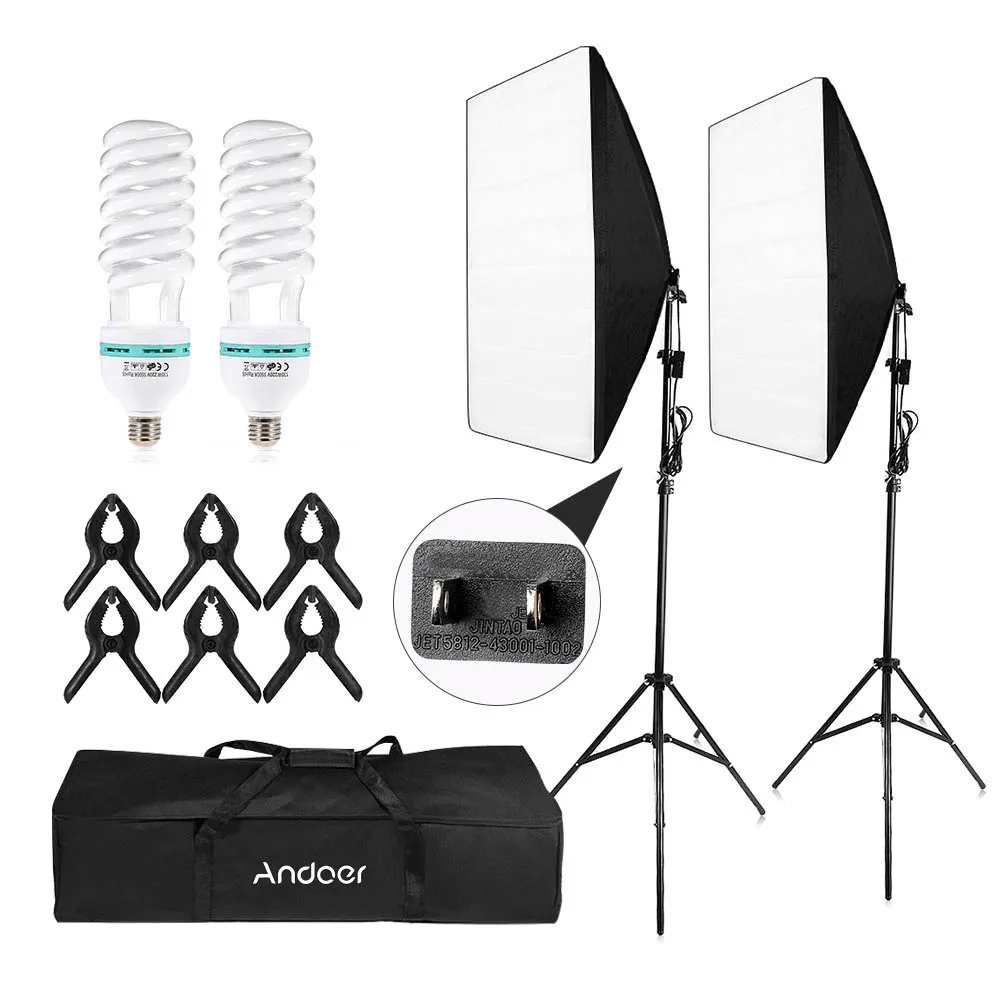 

Andoer-2 Photography Studio Cube Umbrella Softbox Light Lighting Tent Kit 135W Bulb Tripod Stand Softbox Clip Carrying Bag