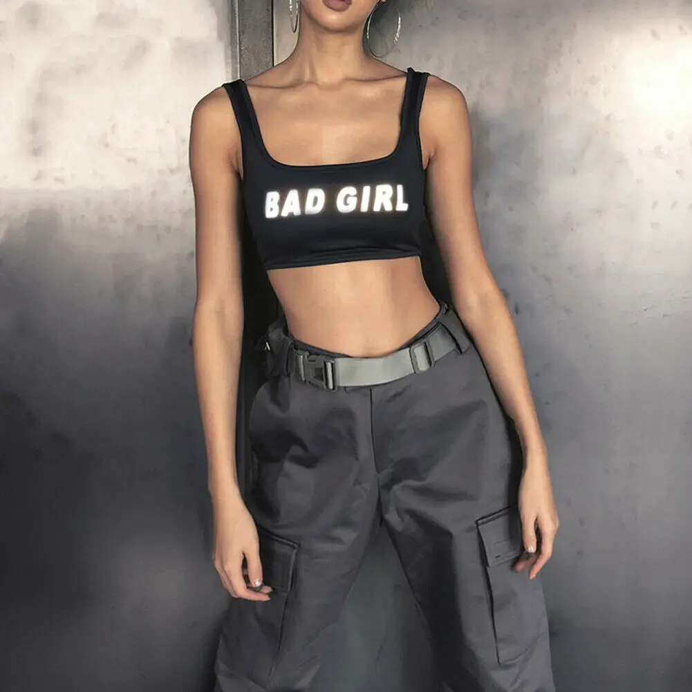 

Women Reflective sports Tank Tops Garter Tops Ladies Sports Fitness Bra Streetwear Club Vest Reflective Letter Crops Tops