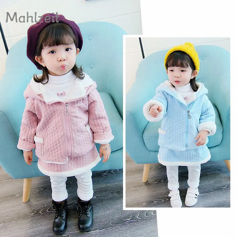 Winter new Children Korean style 2pc set warm outwear clothes for 6-36M baby girl Kids thick warm coat+ skirt pant suit