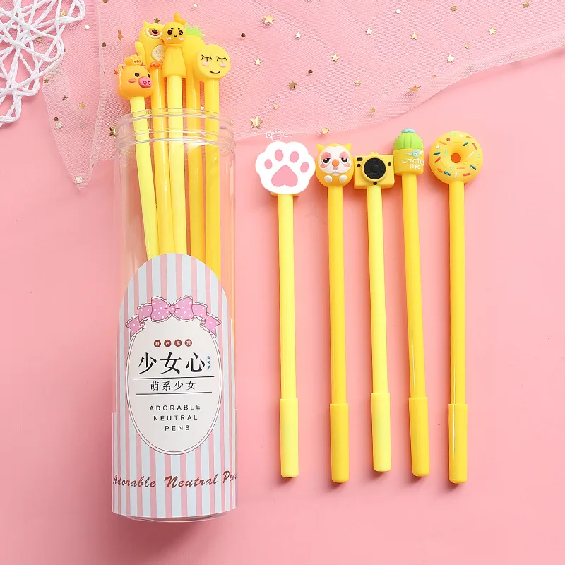 10 шт./кор., принт с героями мультфильмов Kawaii, гелевая ручка Фламинго подпись чернилами Шариковая ручка с держателем ручки школы и офиса студенческий экзамен письменном виде розовой ручкой - Цвет: yellow