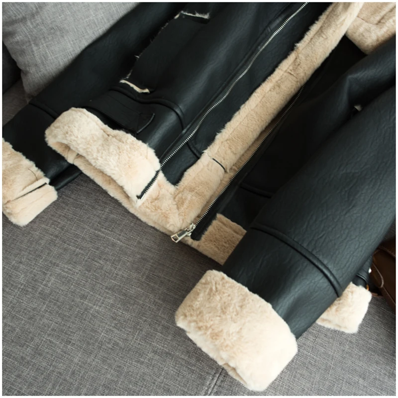 Ideal  Winter Motorcyle Basic Jackets Plush Outerwear Warm Coat Streetwear Punk PU Jacket Faux Fur Jackets