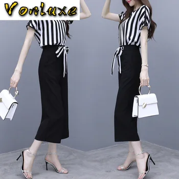 

Women Chiffon Pant Suits Formal Office Ladies Business Work Pantsuits Summer Striped Short Sleeve Wide Leg Pants Two Piece Set