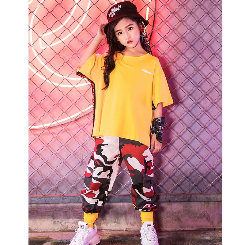 Новый костюм для танцев в стиле хип-хоп Детские Желтые Топы + свободные штаны