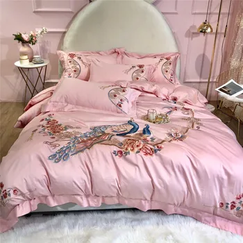 

High End Chic Peacock Floral Duvet Cover 1000TC Egyptian Cotton Vintage Style Long Staple Cotton Soft 4Pc Bedding set Bed Sheet
