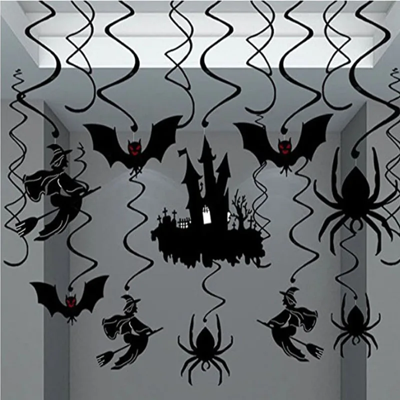 

16set Halloween Spiral Hanging Ornament witches spider bat black castle Ceiling Hanging 2019 Halloween Party Decoration Garland