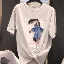 Летние новые корейские футболки на любой вкус с принтом банта, футболки из хлопка, женские футболки больших размеров, хлопковые белые топы с круглым вырезом