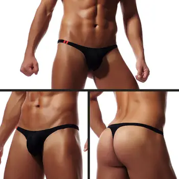 

Mens Sexy Low Rise T-Back Thongs Ice Silk Ultra-Thin Underwear Bulge U Convex Pouch Double Striped Solid Color Comfort Briefs