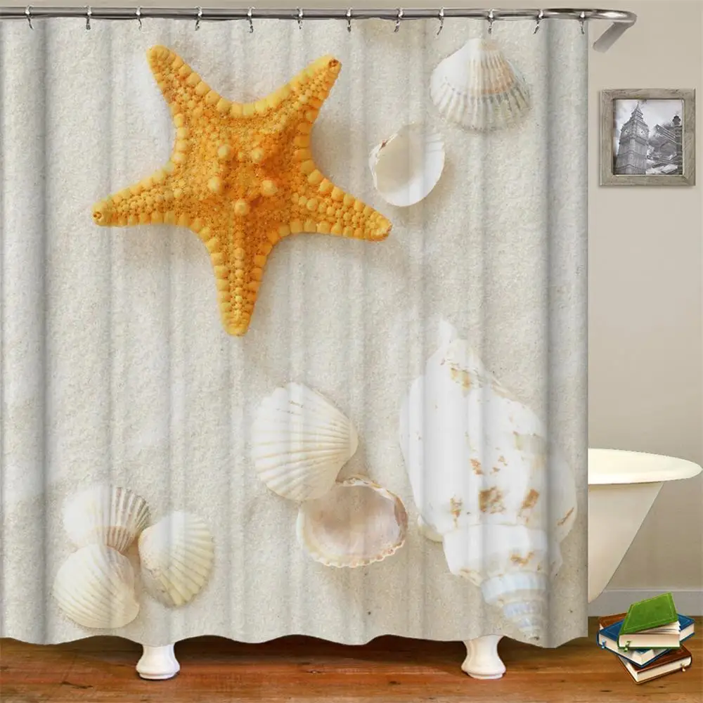 Fabric Shower Curtain Bathroom Waterproof Beach Ocean Sand Decor Starfish Poster 