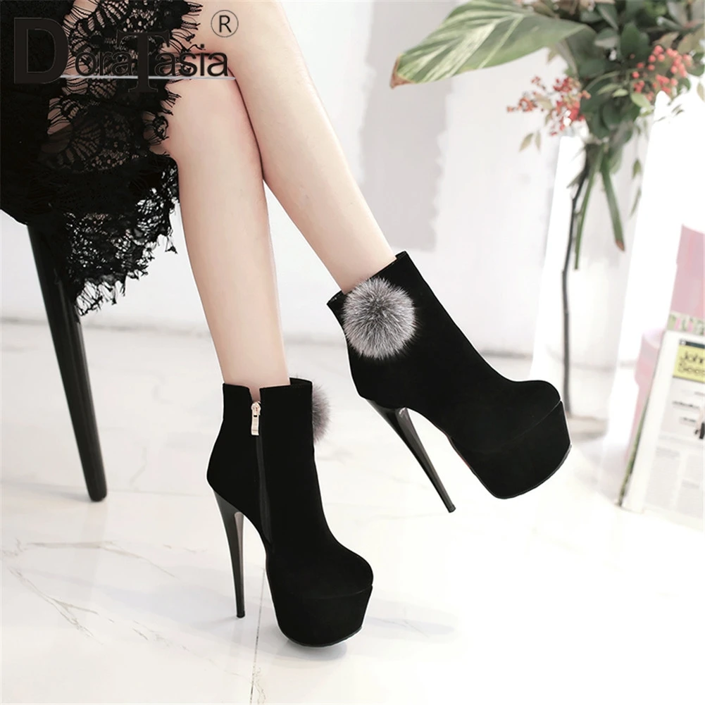 

DORATASIA New Ladies Party Super High Heels Boots Sexy Thin High Heels Boots Women Elegant Flock Platform Ankle Shoes Woman