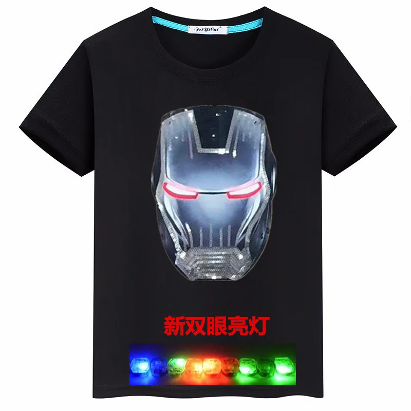 Cartoon Iron Man Eyes Lighting Sequin Cloth Sticker Summer New Products CHILDREN'S T-shirt BOY'S Short-sleeved Top Fashion